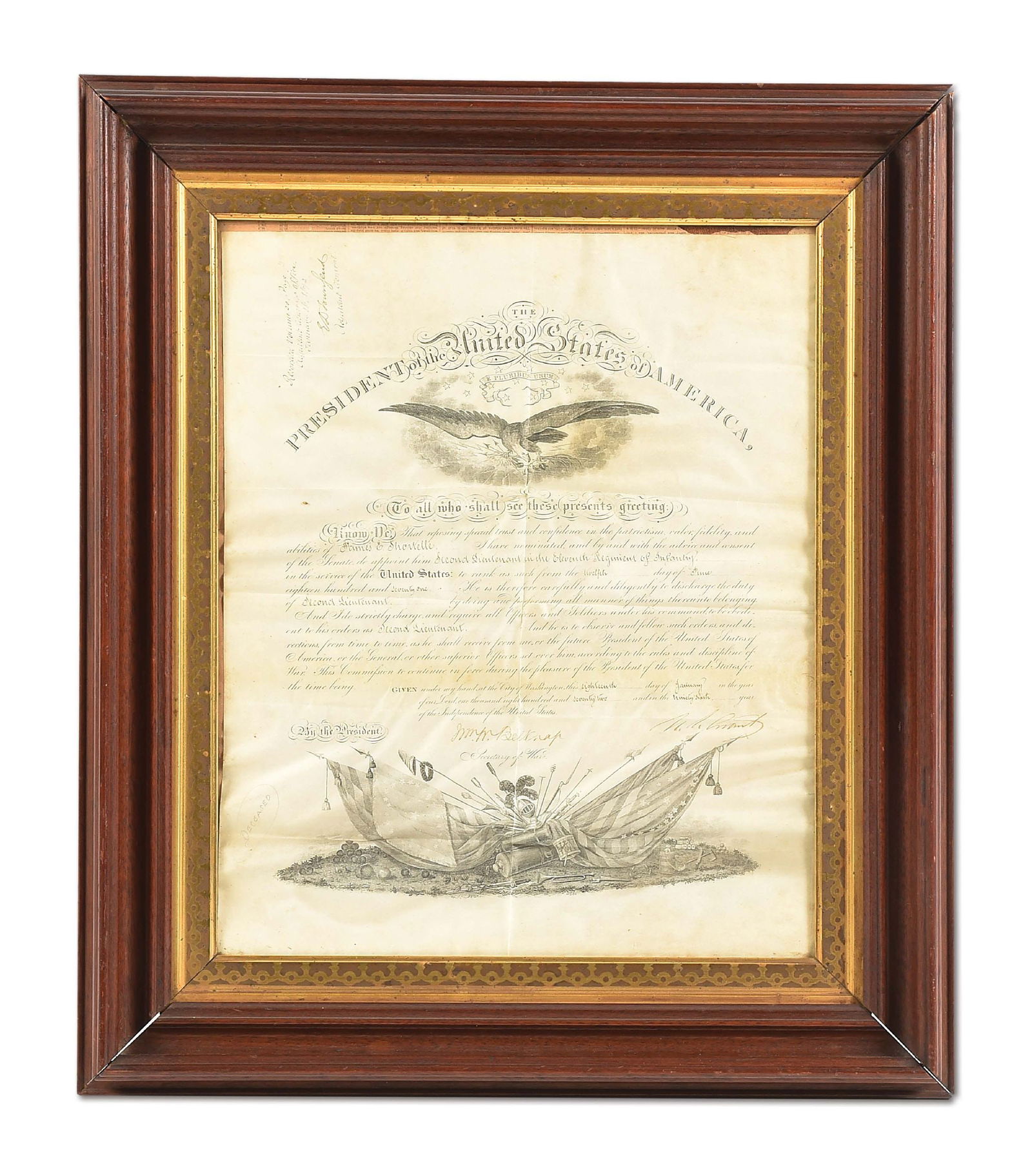 ULYSSES S. GRANT SIGHNED OFFICER'S COMMISSION.: US Army commission signed by Ulysses Grant appointing James R. Shortelle to "Second Lieutenant in the Eleventh Regiment of Infantry". The commission is dated June 12, 1871, and is also signed by Secre