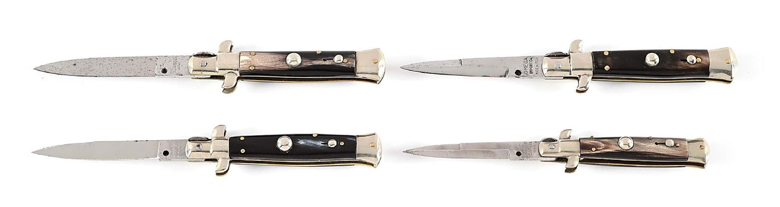 LOT OF 4: RING CUTLERY, OMEGA, AND B. SVOBOD ITALIAN AUTOMATIC KNIVES.: Lot consists of: (A) Automatic knife marked "B.SVOBODY / ITALY". Bright blade with freckling throughout. Nickel silver bolsters with brass frame and horn scales. Spring and locking mechanism function