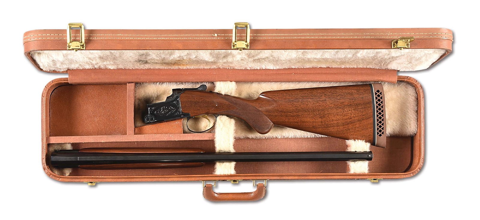 (C) BROWNING SUPERPOSED 12 GAUGE OVER/UNDER SHOTGUN (1960).: Circa 1960 per serial number. Replacement bead front sight moved back approximately 1/8", with previous hole visible. Typical rollmarks for a Belgian manufactured gun, chambers marked with "**" and "*