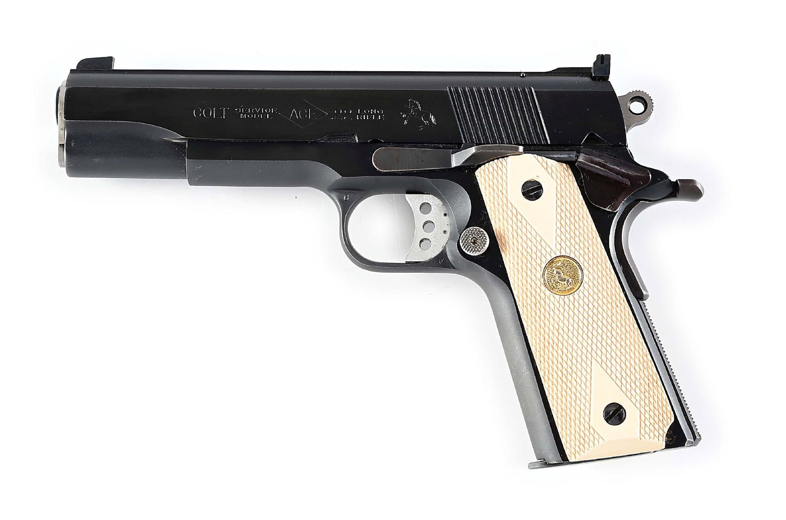 (M) COLT SERVICE MODEL ACE .22 LR SEMI-AUTOMATIC PISTOL WITH SPARE MAGAZINES AND PARTS.: Manufactured in 1982. Accurized with special bushing, special magazine release button, light weight adjustable trigger, beaver tail safety, adjustable rear sight, ribbed flat top slide, two tone blue 