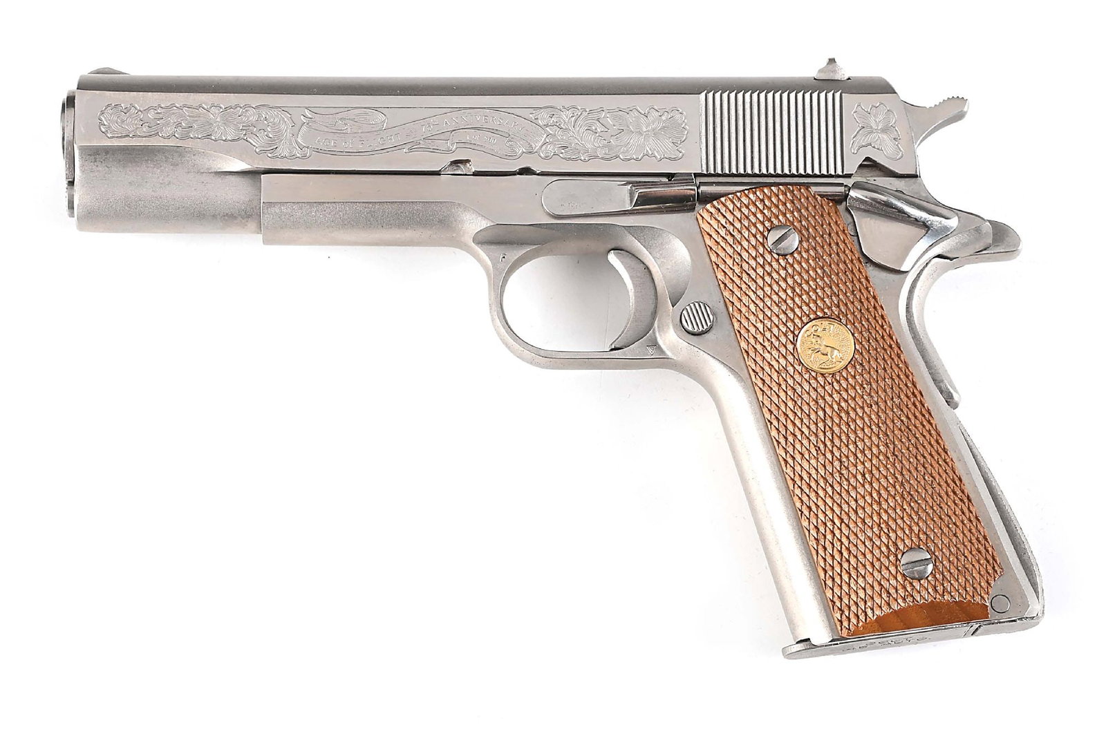 (M) AGE OF FLIGHT COMMEMORATIVE COLT 1911A1 GOVERNMENT MODEL .45 ACP SEMI-AUTOMATIC PISTOL WITH: One of 500 issued in 1978 honoring 75 years of flight. Features special scroll engraving and the Wright brothers plane and date of first flight on the right side slide. There is similar decoration on 