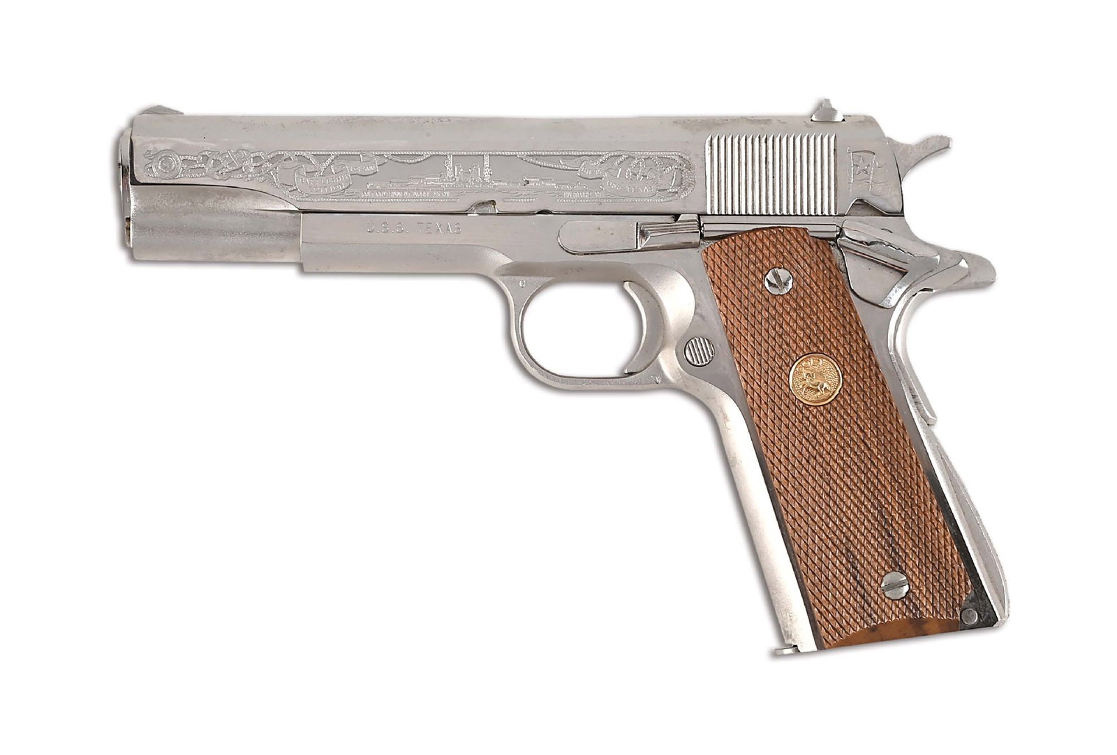 (M) COLT USS TEXAS SPECIAL EDITION GOVERNMENT MODEL 1911-A1 .45 ACP SEMI-AUTOMATIC PISTOL WITH CASE.: Colt produced 500 of these to honor the USS Texas exploits during the Second World War. The left side of slide features Naval symbol with commission dates and battles including Normandy which is borde