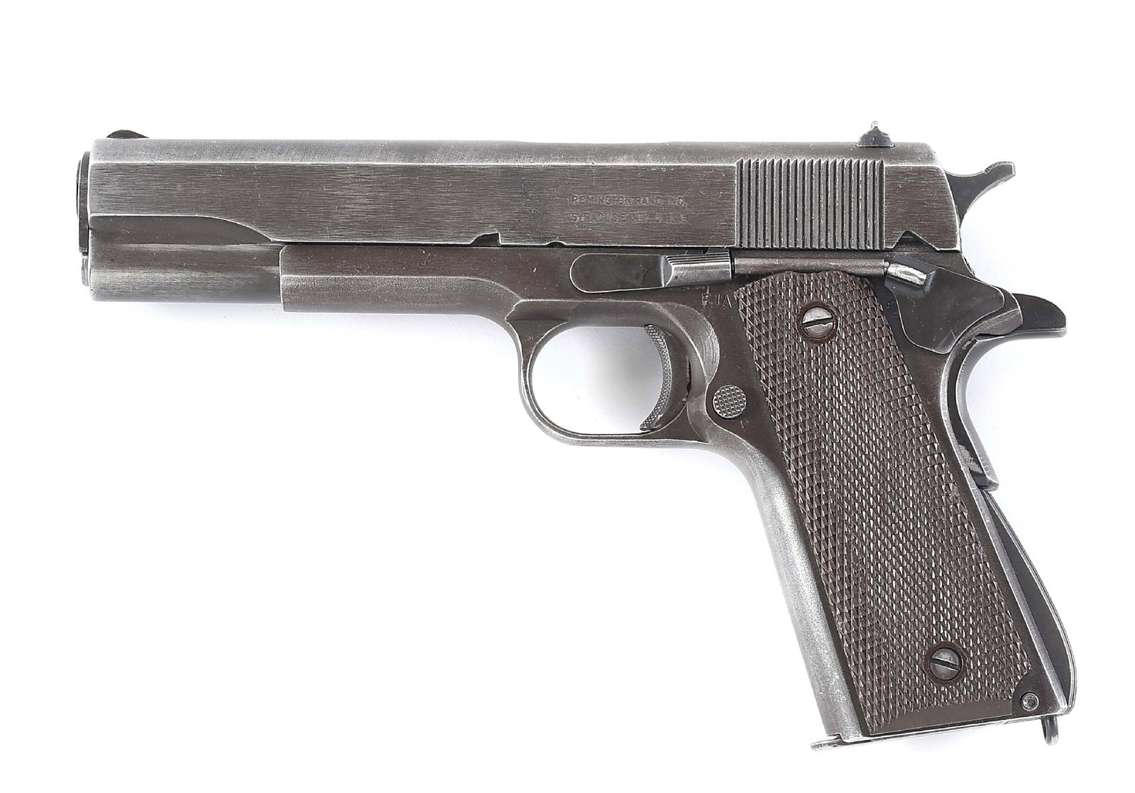 (C) REMINGTON RAND 1911A1 .45 ACP SEMI-AUTOMATIC PISTOL (1943).: Circa 1943 per serial number. Serrated slope front sight, square notch flat top rear sight with "P" ahead of rear sight. Left side with Remington Rand rollmark. Barrel with "P" on left lug and "F" on 
