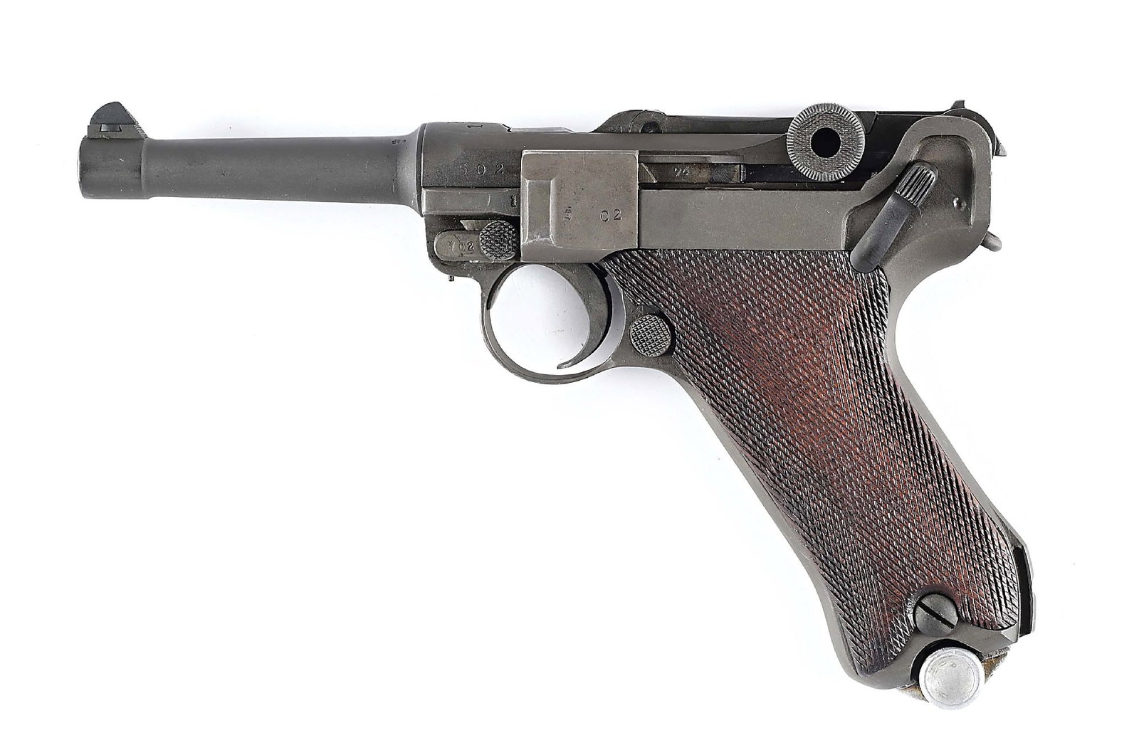 (C) RARE KI.1933 MARKED ERFURT P.08 LUGER SEMI-AUTOMATIC PISTOL. 502: There are many theories about these KI. 1933 chamber dated guns. Some people say they all went to a military or a paramilitary unit. Some say it is a rebuilders mark. This gun has been rebuilt and it 