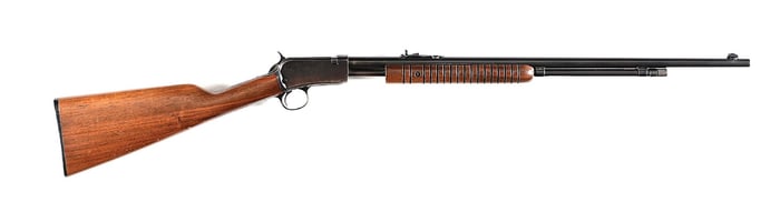 (C) LATE WINCHESTER MODEL 90 ROUND BARREL SLIDE ACTION RIFLE IN .22 WRF.