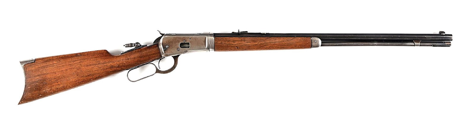 (C) WINCHESTER MODEL 1892 LEVER ACTION TAKE DOWN RIFLE IN .25-20.: Manufactured in 1920. Features a full octagon barrel, full tube magazine, Marble's brass bead front sight, semi buckhorn rear sight and a Marble's tang sight. Standard blue finish, take down frame, wa