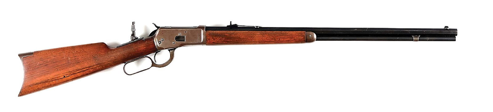 (C) WINCHESTER MODEL 1892 LEVER ACTION RIFLE IN .25-20 WCF.: Manufactured in 1923. Standard features include a full octagon barrel, full length magazine tube, Marble's bead front sight, Marble's semi-buckhorn rear sight with a Marbles tang sight. Finish is blue
