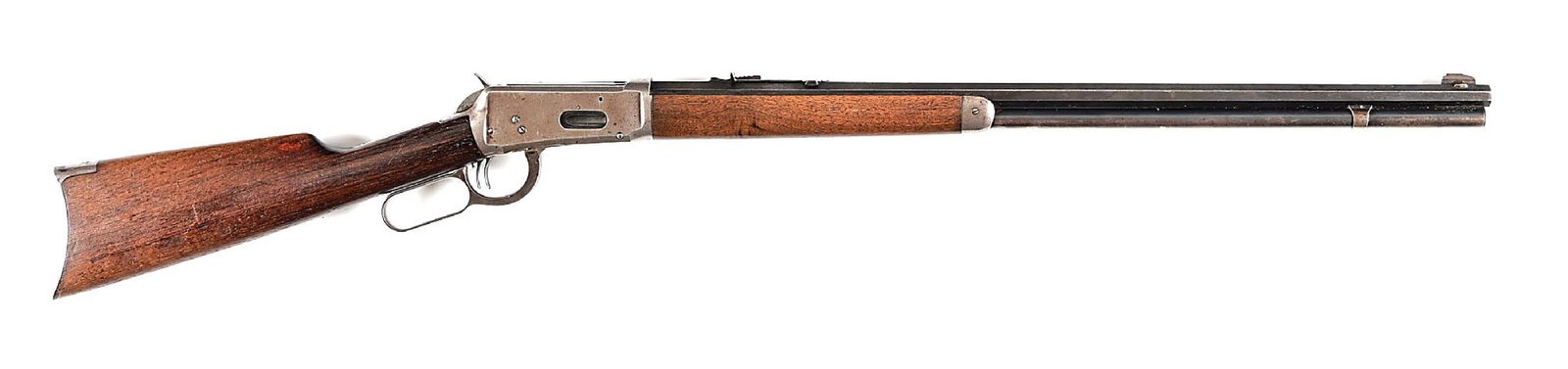 (C) SPECIAL ORDER WINCHESTER MODEL 1894 LEVER ACTION RIFLE (1915).: Manufactured in 1915. Features a full octagon barrel, full length magazine tube, replaced front sight blade, flat top rear sight, walnut stock with rifle buttplate and matching forearm. This rifle is 