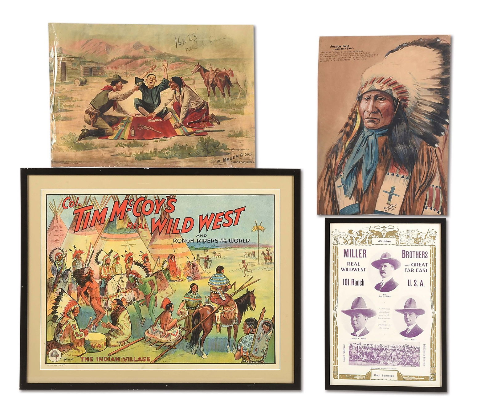 LOT OF 4: WESTERN ADVERTISEMENTS.: Lot consists of: (A) "Col. Tim McCoy's Real Wild West and Rough Riders of the West" advertising poster. Circa 1938, "The Indian Village". Plain paper. Visible folds, with edge wear and small tears. Vi