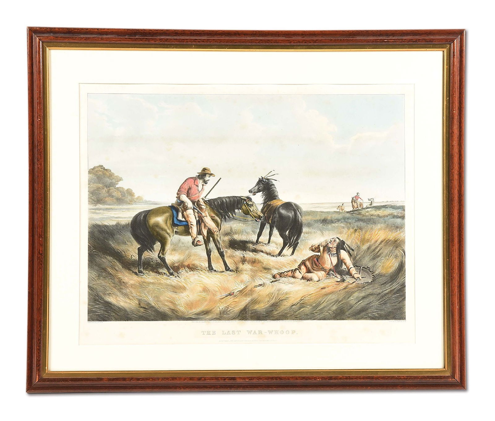 THE LAST WAR-WHOOP LITHOGRAPH.: Circa 1856 hand colored lithograph by Nathaniel Currier “The Last War-Whoop”, a companion to “The Pursuit”, shows the conclusion to a dramatic chase. The Native American warrio