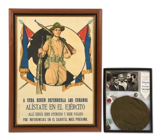LOT OF 2: WWI CUBAN RECRUITMENT POSTER AND RIKER MOUNT OF BAY OF PIGS MEMORABILIA.