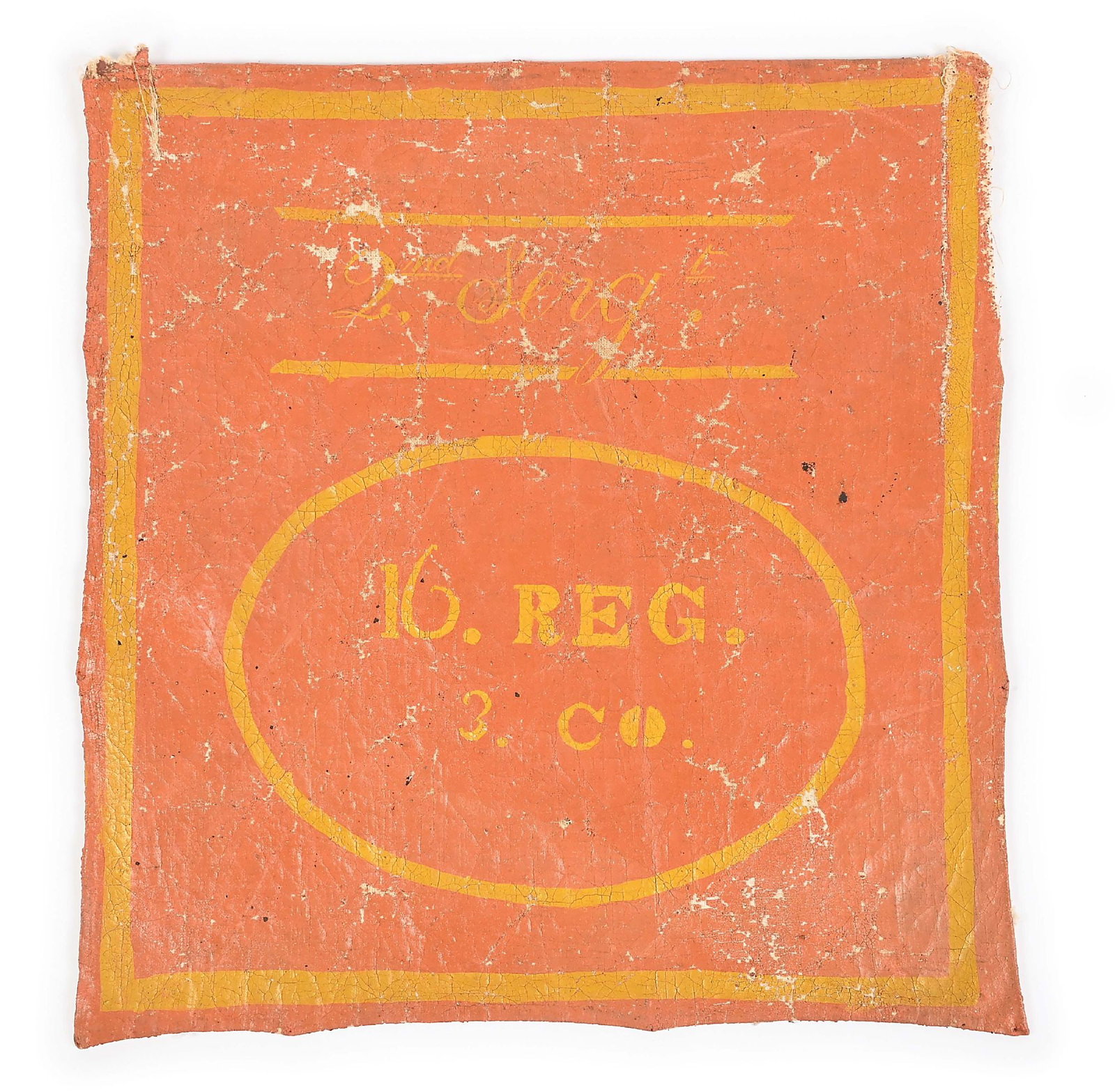 WAR OF 1812 PAINTED REGIMENTAL KNAPSACK.: An attractive War of 1812 painted knapsack for an NCO of the 2nd Company of the 16th Regiment Massachusetts Militia. This is one of a group of knapsacks that were found in the McLellan House in Gorham