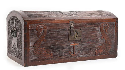 ORNATELY CARVED LARGE WOOD CHEST ATTRIBUTED TO THE SCHOONER ROBINSON.