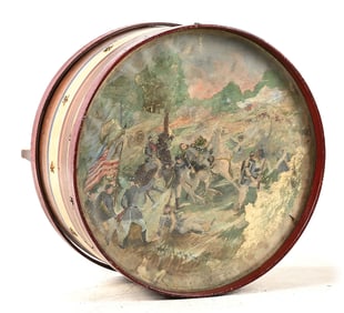 FOLK ART DRUM DEPICTING THE BATTLE OF WILSON'S CREEK.