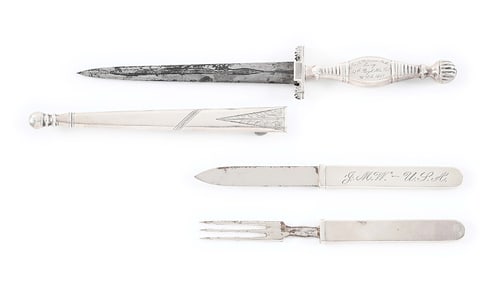 ENGRAVED CONFEDERATE SURGEON’S SILVER DIRK WITH US ARMY SON’S UTENSILS.