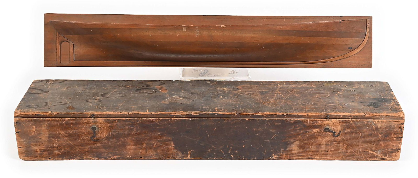 HALF-HULL MODEL FOR PICKET BOAT NO 1 DESIGNED BY CAPTAIN CHARLES S. BOGGS.: 27" working half-hull model for "Picket Boat No 1" designed by Captain Charles S. Boggs in 1864 and used by Lt. William B. Cushing in the destruction of the Confederate ironclad Albemarle. Boggs was s