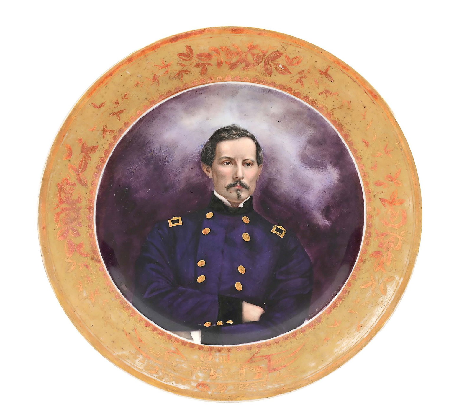 UNIQUE HAND PAINTED 1861 DATED PLATE DEPICTING P.G.T BEAUREGARD, SIGNED BY RUDOLPH LUX.: Hand painted plate signed by renowned China decorator Rudolph Lux of New Orleans, dated at bottom "July 21, 1861". General Pierre Gustave Toutant-Beauregard is shown in his Louisiana state uniform whi