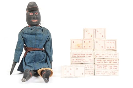 LOT OF 2: US CIVIL WAR DOMINOES AND WOODEN DOLL OF A USCT.
