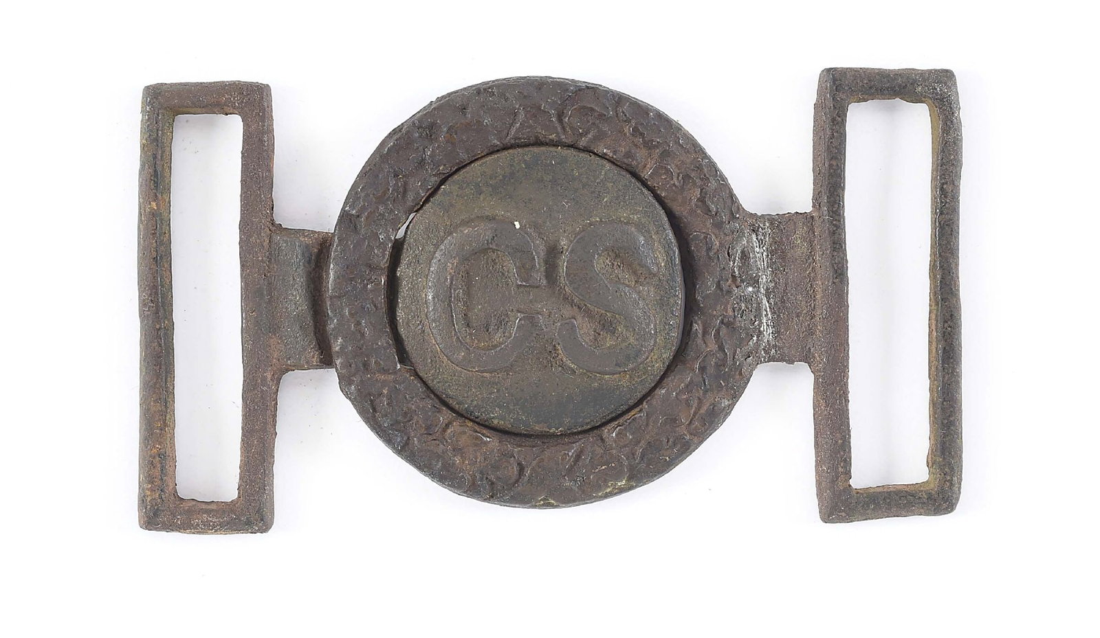 CONFEDERATE CS BELT BUCKLE RECOVERED AT JENKINS FERRY, ARKANSAS.: Thin letter CS Confederate 2-piece wreath and tongue belt plate. This example appears to fit the specifications for Leech & Rigdon manufactured belt plates. For similar examples, refer to Mullinax (19