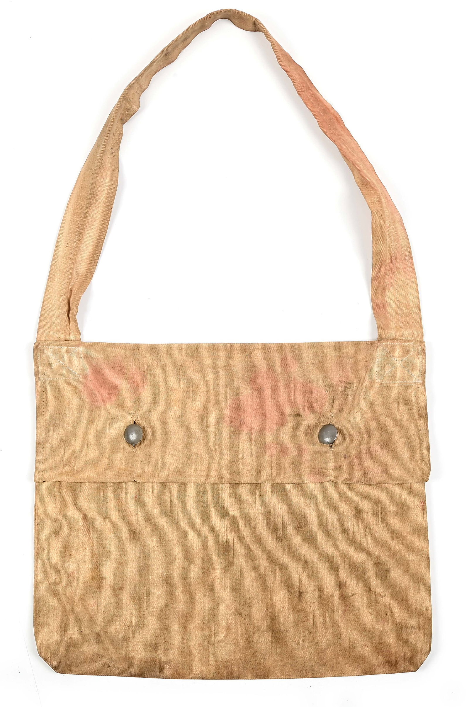 MILITARY HAVERSACK OF LINEN DUCK, MID 19TH CENTURY.: A military haversack of linen duck of unknown origin, 15 1/2" L x 13" H, with 5 1/2" H flap with 2 buttonholes, fastened by 2 pewter buttons below. Strap of same material, 32" L x 2" W. PROVENANCE: Pu