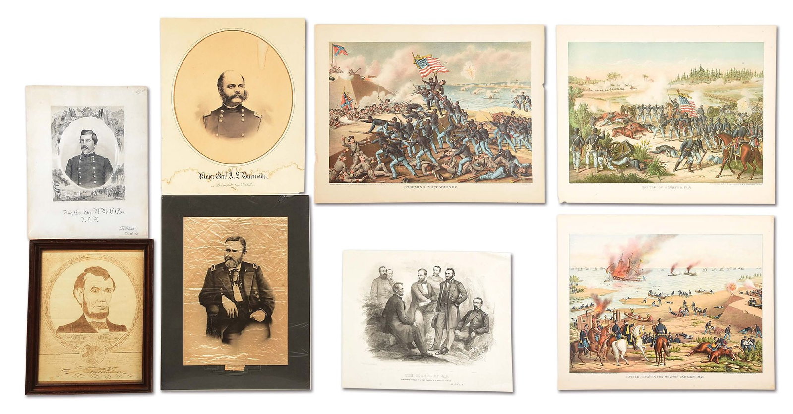 LOT OF 8: US CIVIL WAR LITHOGRAPHS AND PRINTS.: Lot consists of: (A) Ink drawing of Abraham Lincoln marked at bottom "Executed with a steel pen by J.B. Hughes". Contained under glass in a wood frame. (B,C,D) Color lithographs of the Battle of Olust