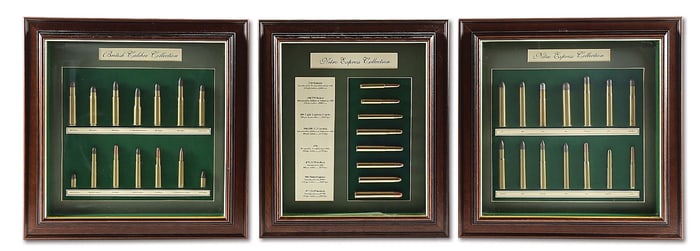 LOT OF 3: HIGHLY ATTRACTIVE SET OF BRITISH DANGEROUS GAME CARTRIDGE DISPLAYS.