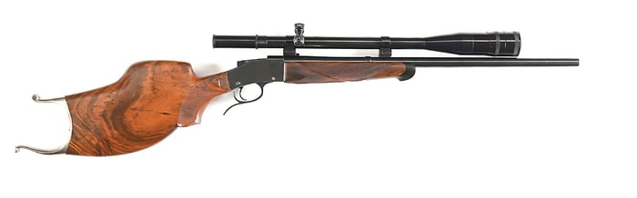 (M) HARRIMAN-BORCHARDT CUSTOM SINGLE SHOT RIFLE WITH 20X REDFIELD SCOPE.