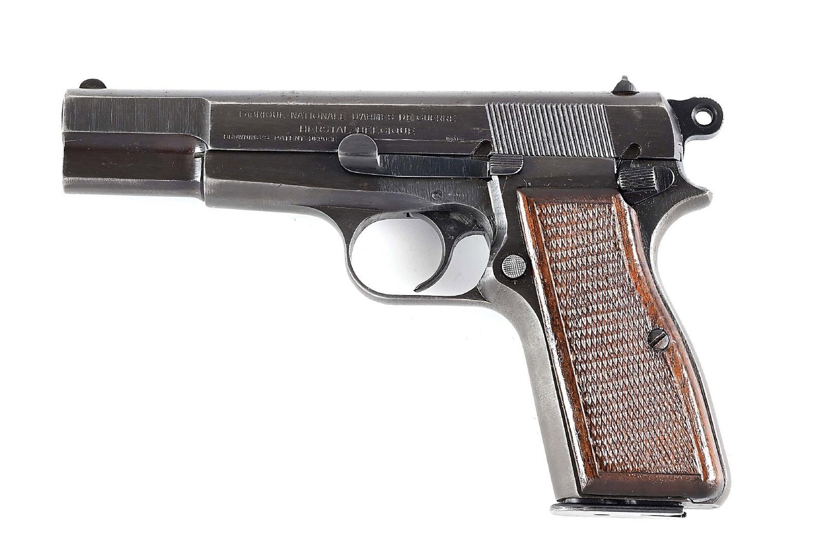 (C) BROWNING HI-POWER SEMI-AUTOMATIC PISTOL WITH THIRD REICH WAFFENAMTS.: Classic design with blade front sight, flat top U notch rear sight, ring hammer, internal extractor, thumbprint slide. Magazine disconnect has been removed. Straight wing eagles and WaA140 waffenamts 