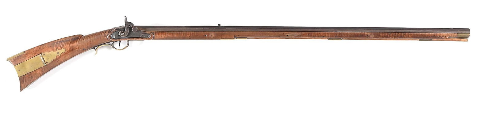 (A) LEHIGH COUNTY AREA PERCUSSION KENTUCKY RIFLE ATTRIBUTED TO JOHN SCHEIDER.: Deeply rifled octagon barrel with a "DEMUTH / WARRANTED" lockplate converted to percussion. Plain brass furniture including a two piece patchbox and a sideplate with two piercings. Highly figured tige