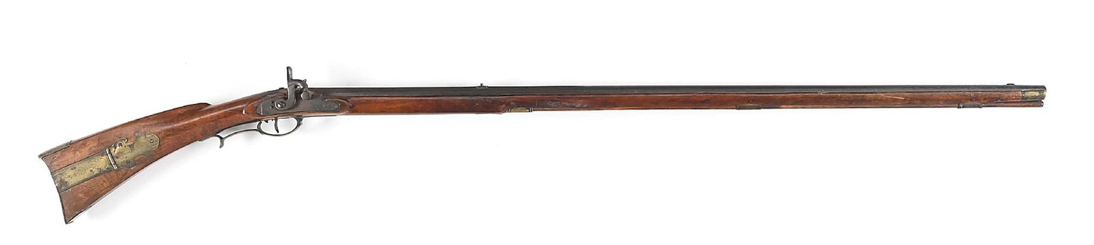 (A) LEHIGH COUNTY FOLK ART PERCUSSION KENTUCKY BUCK AND BALL RIFLE.: Two-stage barrel with centered notched rear sight and brass front blade sight. Original percussion lock. The two-piece patchbox is nicely engraved with folky designs including tulips. Partially figure