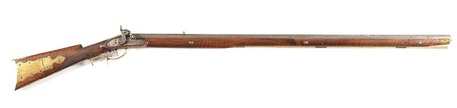 (A) PERCUSSION KENTUCKY RIFLE.: Decorated rifled octagon barrel, percussion stamp-engraved lockplate marked "Henry Parker / Warranted". Double set triggers. Brass furniture including engraved four-piece patchbox. Three German silver