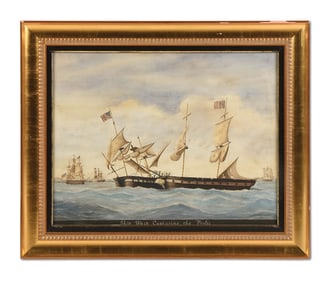 SHIP WASP CAPTURING THE FROLIC WATERCOLOR.