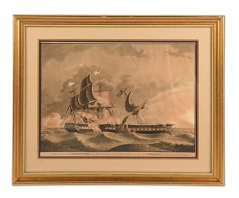 WATERCOLOR OF THE FRIGATES CONSTITUTION AND HMS GUERRIERE.