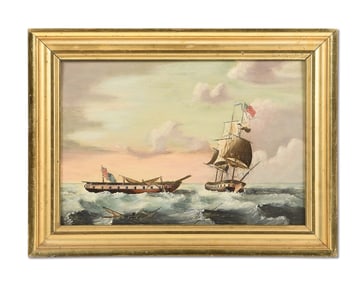 OIL PAINTING DEPICTING THE BATTLE BETWEEN THE USS CONSTITUTION AND THE HMS GUERRIERE.