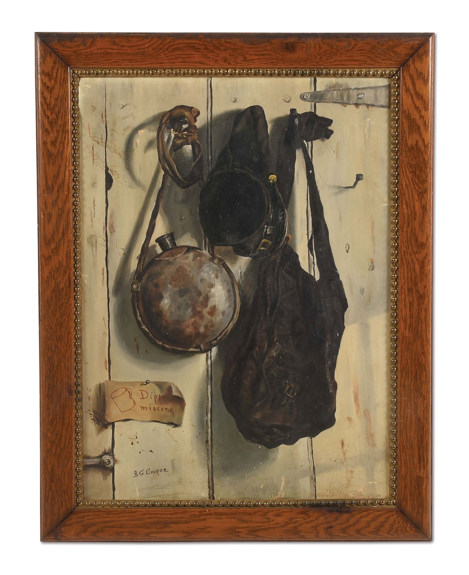 B.G. COOPER OIL ON CANVAS.: Measures approximately 36" x 28" contained in a wood frame with brass tack inner border. Oil on canvas with scene depicting Federal and Civil War field gear including a canteen, knapsack, and kepi han