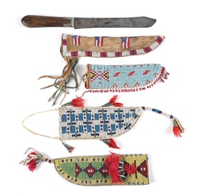 LOT OF 4: NATIVE AMERICAN BEADED KNIFE SCABBARDS.