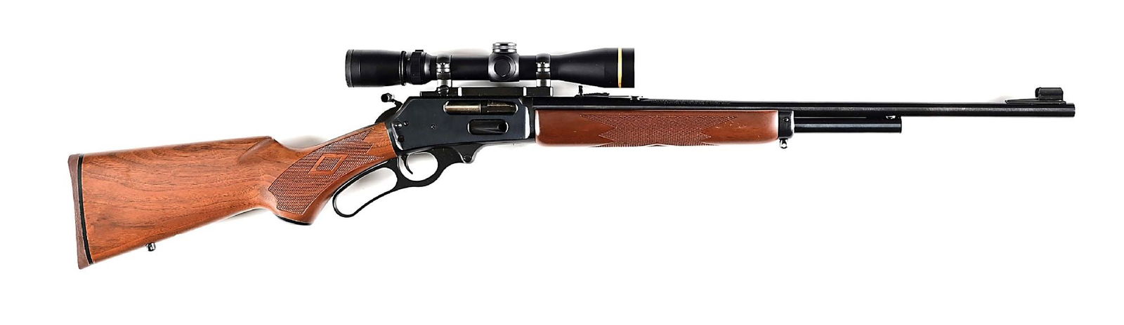 (M) MARLIN 338 MX LEVER ACTION RIFLE IN .338 MARLIN EXPRESS: This lever gun features blue finish, half magazine, round barrel, hooded ramp front sight, semi buckhorn rear sight, hammer extension, checkered pistol grip walnut stock with Marlin red rubber pad, sl