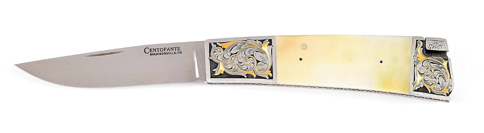 FRANK CENTOFANTE CUSTOM GOLD LIP PEARL TAIL LOCK KNIFE.: Features include stainless steel blade and tail lock mechanism. Maker marked on left side of blade. Frame is stainless steel with file work on inside of frame and spine and South Seas gold lip pearl s
