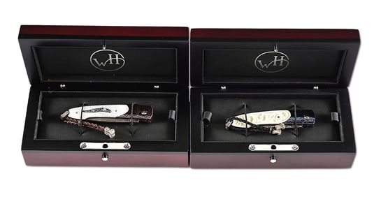 LOT OF 2: WILLIAM HENRY B10 INDIGO CANYON AND B10 OPALESCENCE FOLDING KNIVES.