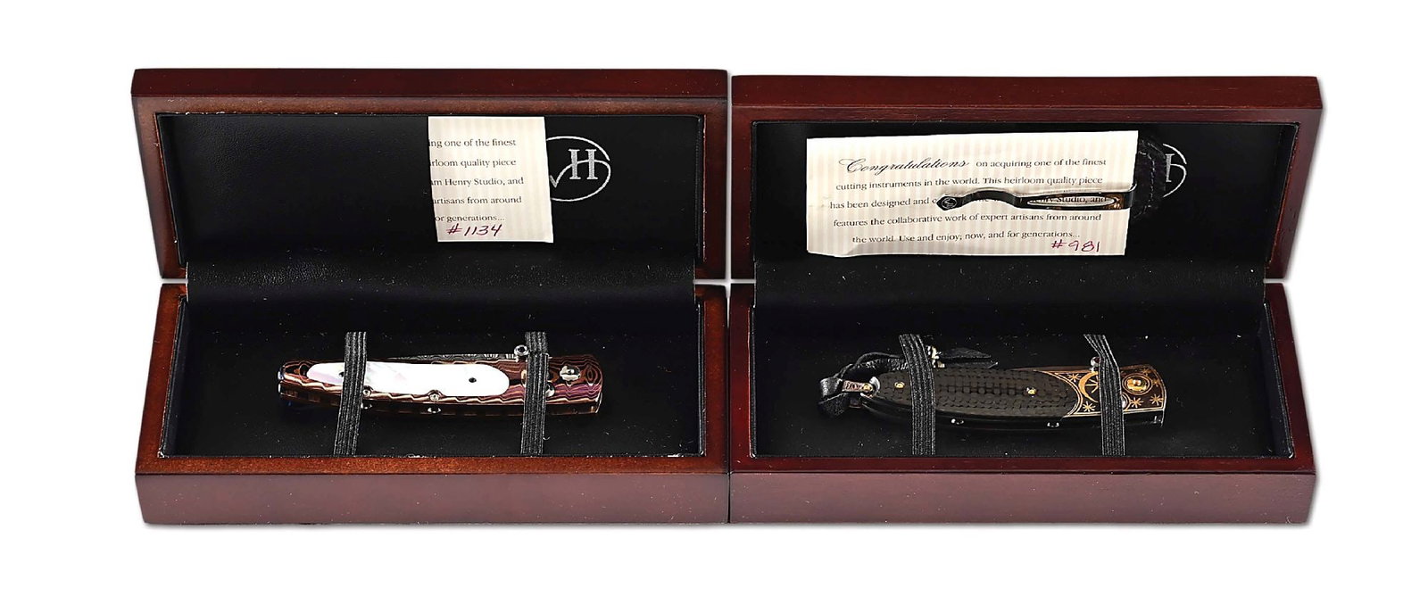 LOT OF 2: WILLIAM HENRY B10 DECADE AND B05 CRESCENT FOLDING KNIVES.: Lot consists of: (A) William Henry B10 Decade button lock folding knife that features a "wave" Damascus ZDP-189 core HRC67 blade with a sapphire thumbstud and button. Blade measures 2 - 1/2" with WM m