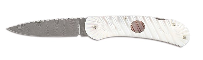 KEN STEIGERWALT DAMASCUS BLADE MOTHER OF PEARL BACKLOCK FOLDER.