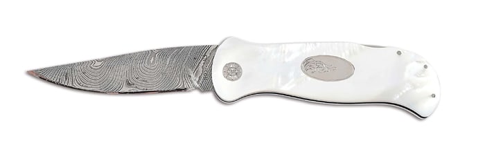 HOSKINS DAMASCUS BLADE MOTHER OF PEARL LOCKBACK FOLDER.