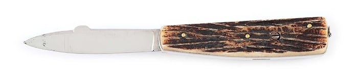 PRADEL STAG HANDLED CLAM SHELL KNIFE.