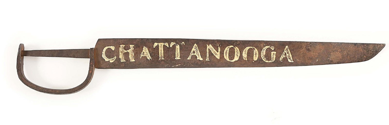 RELIC CIVIL WAR CONFEDERATE D-GUARD BOWIE KNIFE.: Interesting battlefield recovered, large, hand forged D-guard confederate knife. At some point in its life, most likely in a GAR or UCV hall in the early 20th century, someone painted "CHATTANOOGA" ac