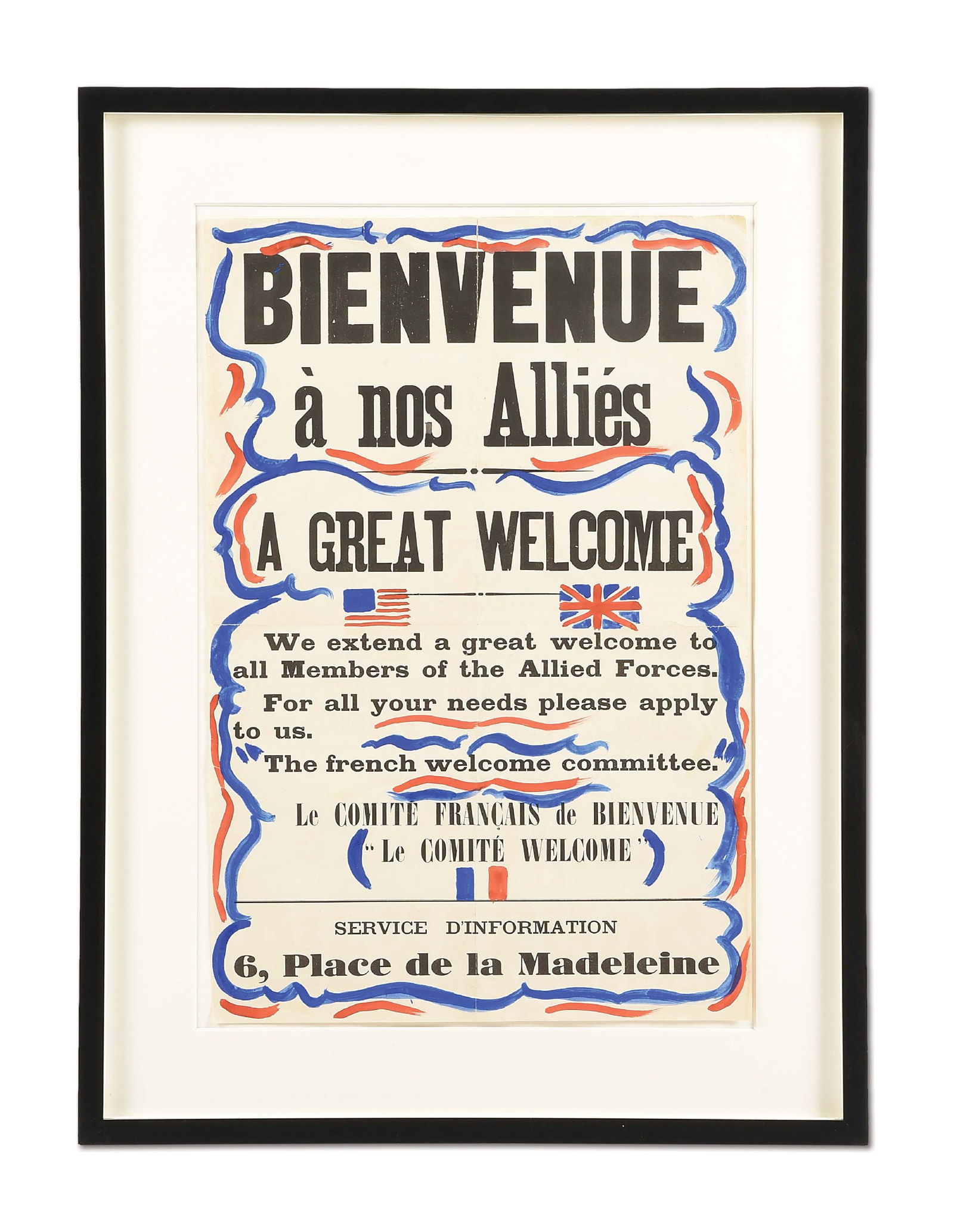 FRENCH WW II LIBERATION OF PARIS BROADSIDE.: Circa 1944-1945 Hand-colored and embellished World War II broadside from post-liberation Paris. Archivally mounted, matted, and framed under museum glass to an overall size of 23" x 30 - 1/2". Text in