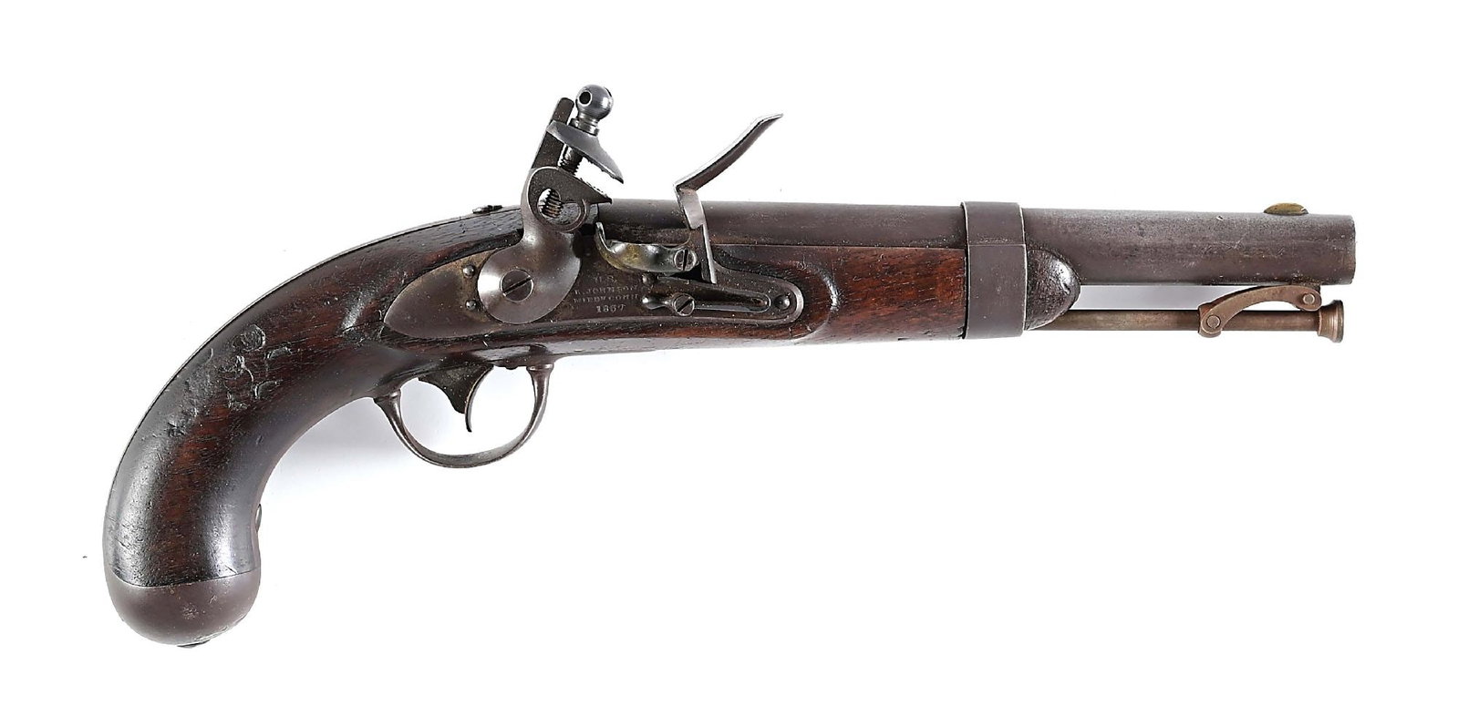 (A) US MODEL 1836 FLINTLOCK PISTOL BY JOHNSON.: Manufactured in 1837 by Johnson for US Government use in classic configuration throughout. Barrel is US proofed and inspector marked "NWP" near breech. Left flat of stock opposite lock is marked with 