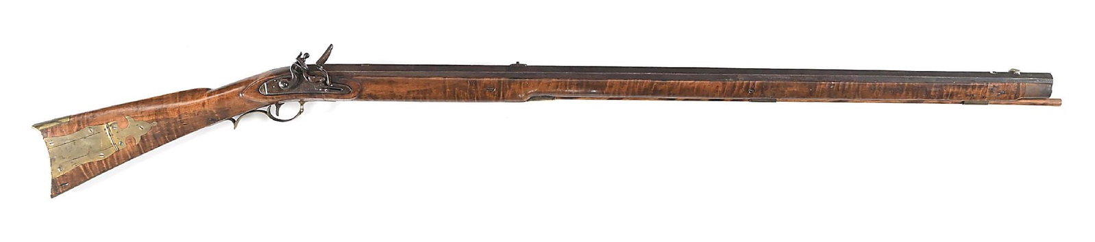(A) HEAVY BARREL TARGET FLINTLOCK KENTUCKY RIFLE WITH J.J. HENRY LOCK.: The rifled heavy walled target barrel has a large front sight and a notched rear sight, along with other dovetails to move sights. The lock features a roller frizzen and a stepped tail, scroll engrave