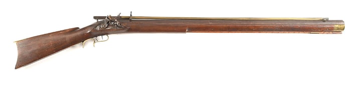 (A) MASSIVE FLINTLOCK BENCH RIFLE WITH SUN SHIELD AND TRYON LOCK.