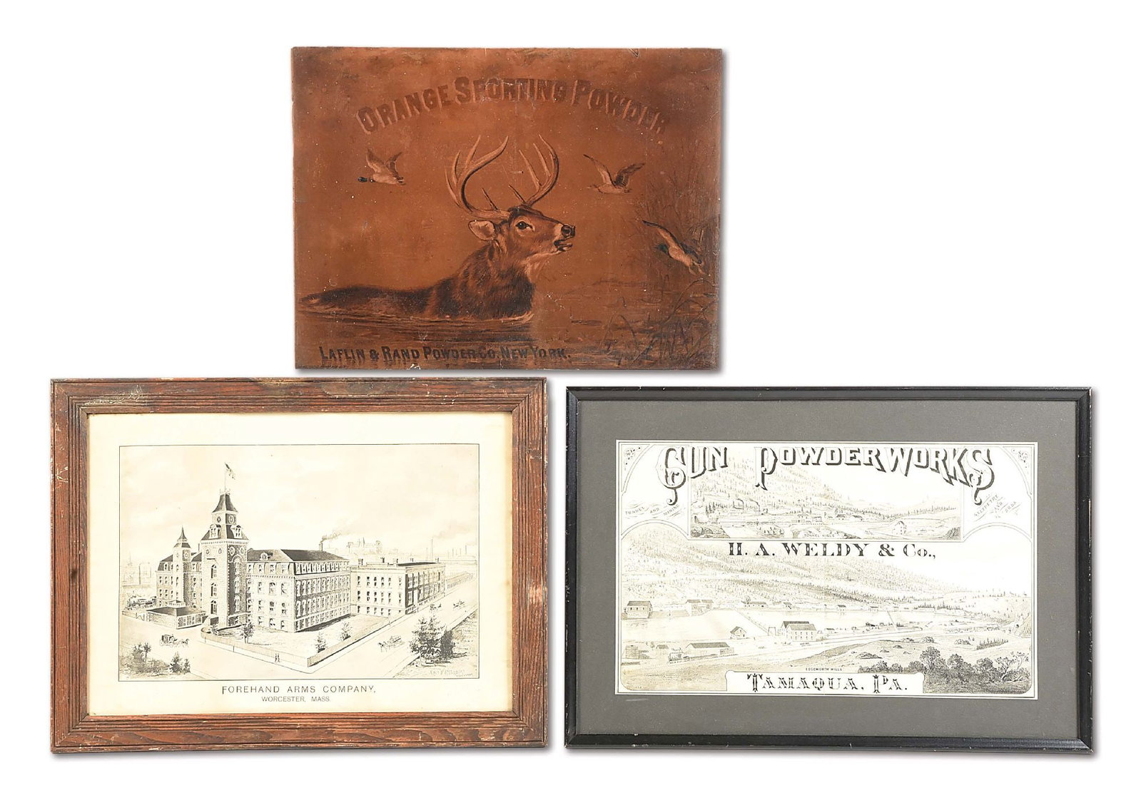 LOT OF 3: VINTAGE FIREARMS ADVERTISEMENTS.: A) FOREHAND ARMS COMPANY. Circa late 19th century. 23.4 x 17" black and white print of the manufacturing plants. Company was formed in 1871 by Sullivan Forehand and Henry C. Wadsworth after the death 