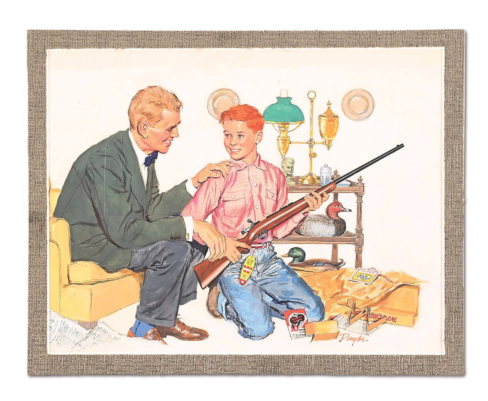 JAMES DWYER WINCHESTER ADVERTISEMENT.: James Dwyer Gouache on board advertisement depicting a boy opening a Winchester Model 67 bolt action rifle which was presumably a gift from his father. The advertisement is signed at lower right "Dwye